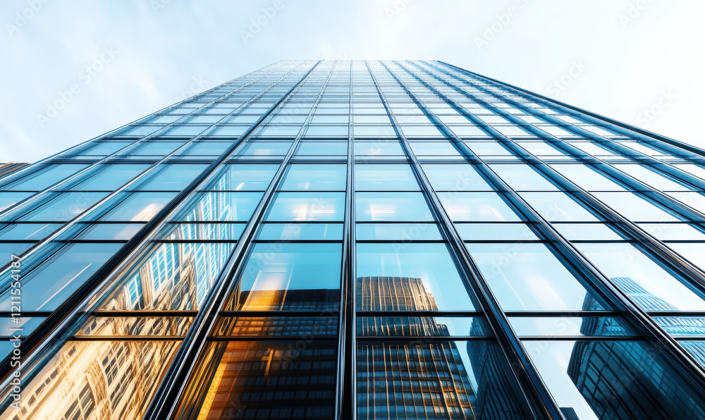 Fototapeta premium Blue curtain wall glass office building in the city
