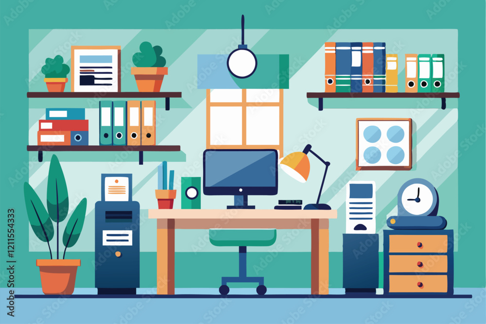 A vibrant office workspace featuring a desk, computer, plants, and organized bookshelves In the office Customizable Flat Illustration A vibrant office workspace featuring a desk, computer, plants, and organized bookshelves In the office Customizable Flat Illustration