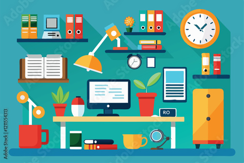 A vibrant office space shows a desk with a computer, plants, books, and organizational tools in a bright setting In the office Customizable Flat Illustration