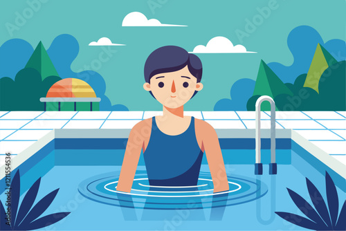 A person with a smile is swimming in a colorful pool, enjoying the warm weather outdoors In the pool Customizable Disproportionate Illustration