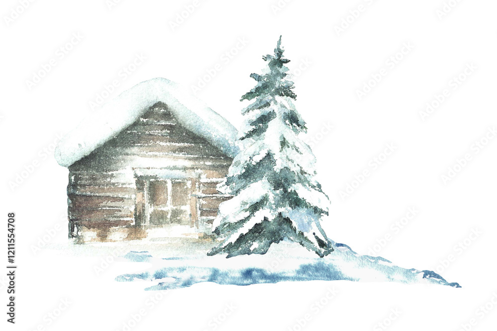 Fototapeta premium Winter cabin with snowy pine tree Landscape with rustic wooden house, winter chalet a snow covered roof. Watercolor hand drawn illustration isolated from background for holiday, Christmas card, poster