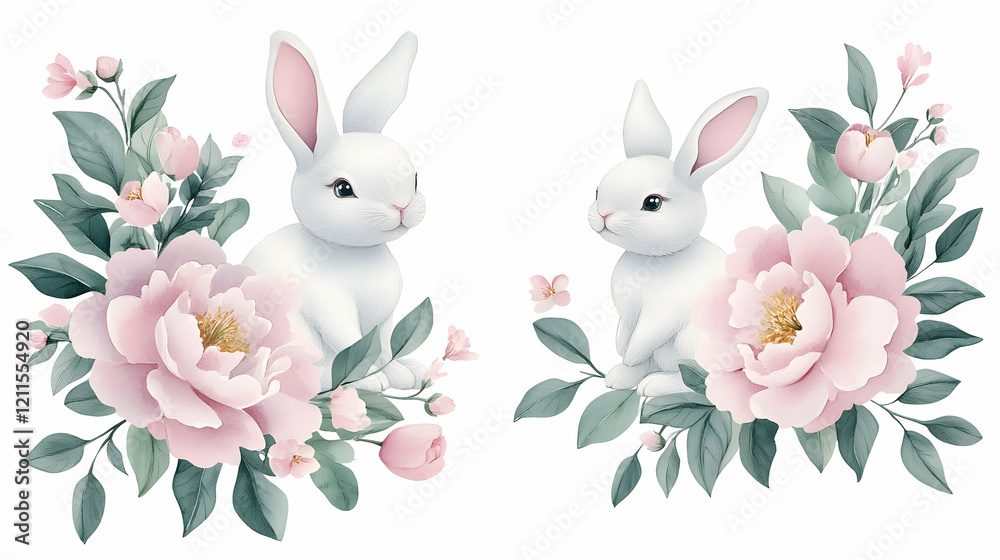 Obraz premium Two white rabbits among pink peonies and green leaves; spring greeting card design