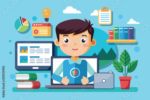 A cheerful cartoon character interacts with a laptop, charts, and books, symbolizing an engaging intranet environment, Intranet Customizable Cartoon Illustration