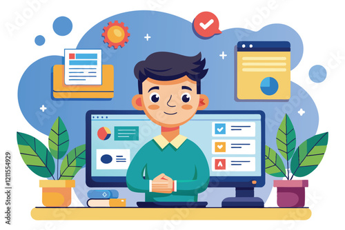 A happy young professional uses an intranet interface, with colorful graphics and plants brightening the workspace, Intranet Customizable Cartoon Illustration