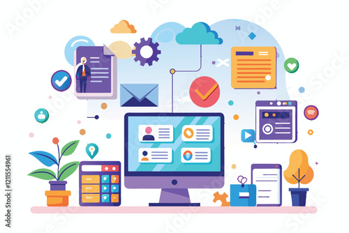 A lively digital workspace showcases customizable tools that enhance productivity and teamwork, Intranet Customizable Disproportionate Illustration