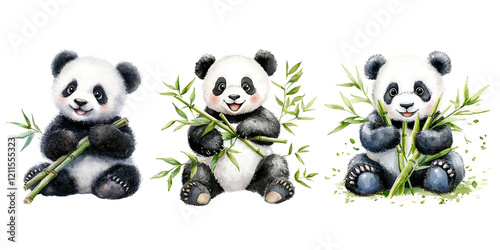 Cute panda illustrations enjoying bamboo in playful setting photo