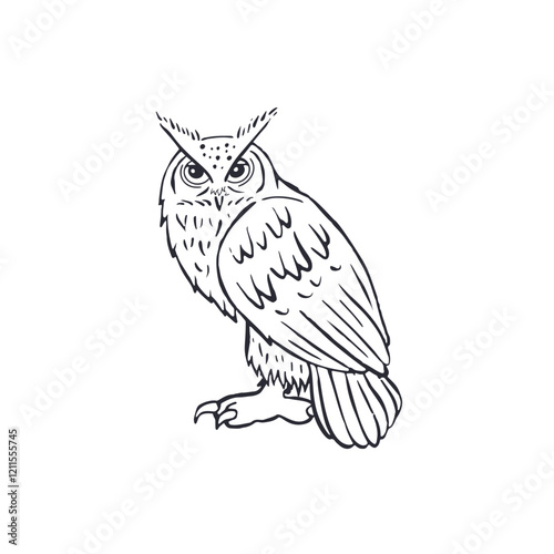 Hand drawn black and white line art eagle-owl standing isolated on white background. Monochrome nocturnal bird vector illustration.