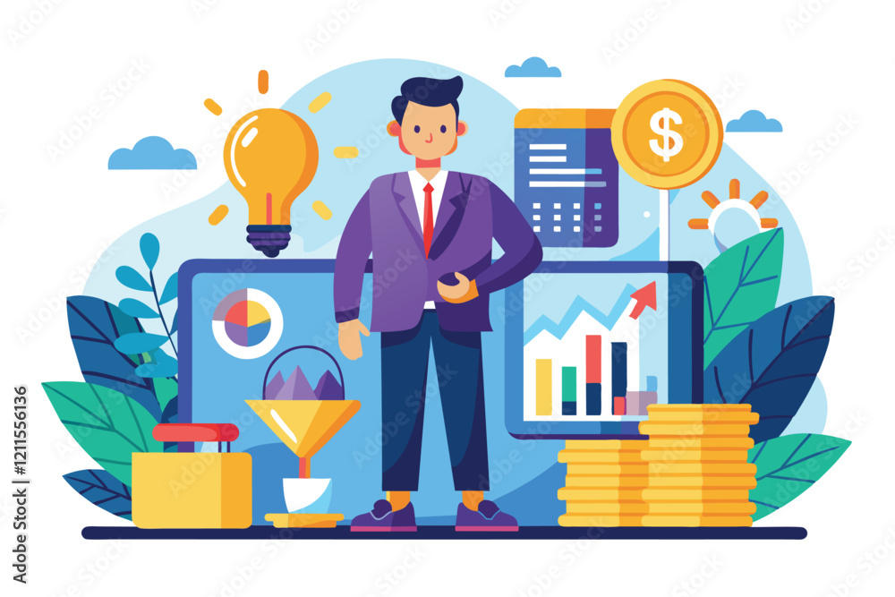 A professional stands before financial graphics, symbolizing investment opportunities and strategies, Investor presentation Customizable Flat Illustration A professional stands before financial graphics, symbolizing investment opportunities and strategies, Investor presentation Customizable Flat Illustration