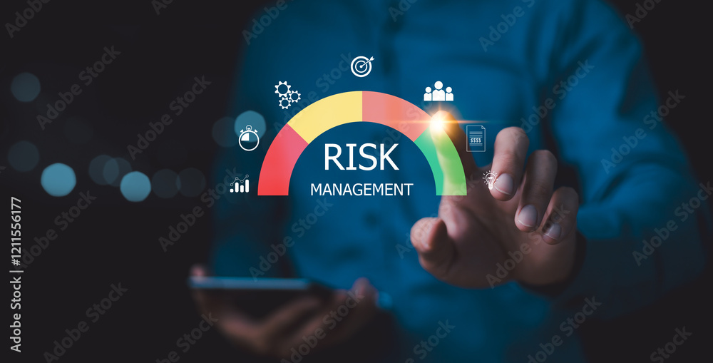 Risk management strategy concept. Businessman Analyzing Risk touchscreen display risk meter, risk management interface with critical strategy. Risky business risk management control and strategy.