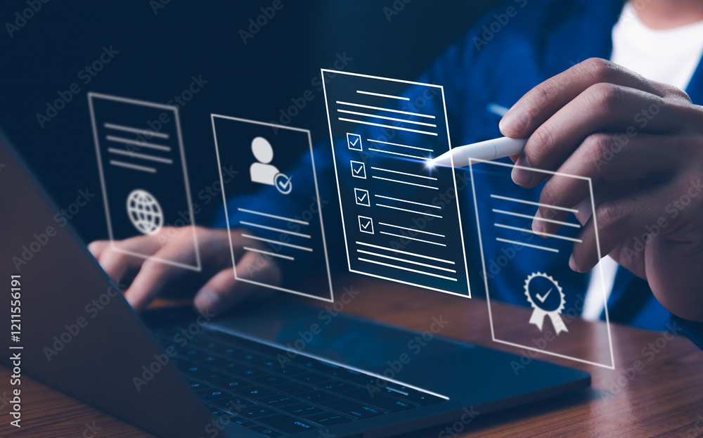 Businessman typing on laptop with online document validation icon, Concept of practices and policy, Digital checklist, regulations and legal advice, task management, organization corporate.
