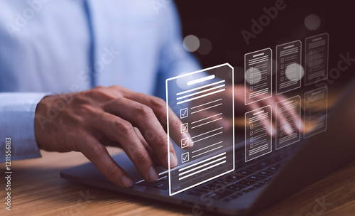 Businessman typing on laptop with online document validation icon, Concept of practices and policy