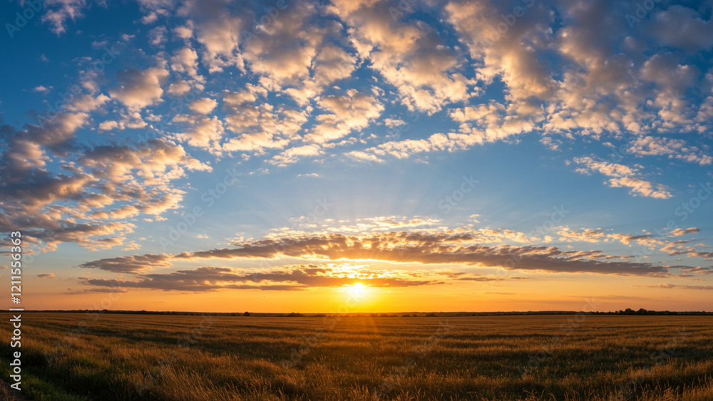 Obraz premium A backdrop of blue sky adorned with clouds, showcasing a stunning landscape featuring clouds illuminated by an orange sun
