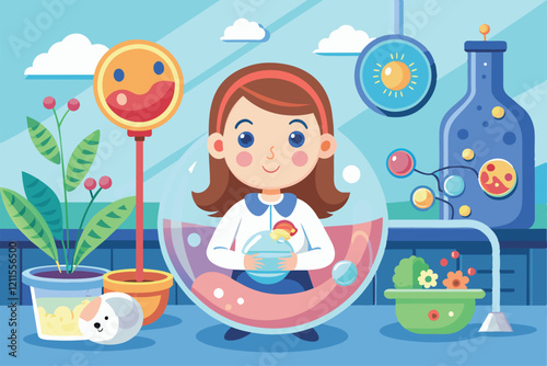 A young girl works in a colorful laboratory, exploring in vitro fertilization with plants and scientific equipment In vitro fertilization Customizable Cartoon Illustration