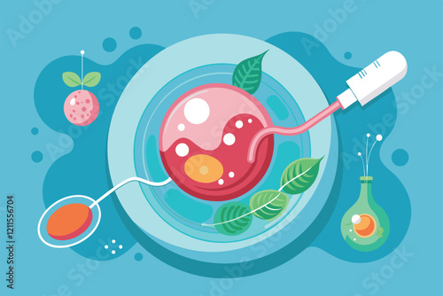 A vibrant illustration showcases the process of in vitro fertilization with tools and elements involved In vitro fertilization Customizable Semi Flat Illustration