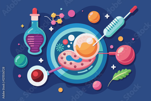 Illustration shows the in vitro fertilization process with eggs, sperm, and laboratory tools involved In vitro fertilization Customizable Semi Flat Illustration