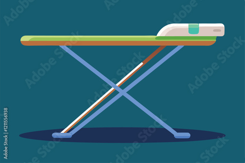 An ironing board is set on a table, prepared for ironing clothes, showcasing the importance of garment care, ironing board sitting on top of a table