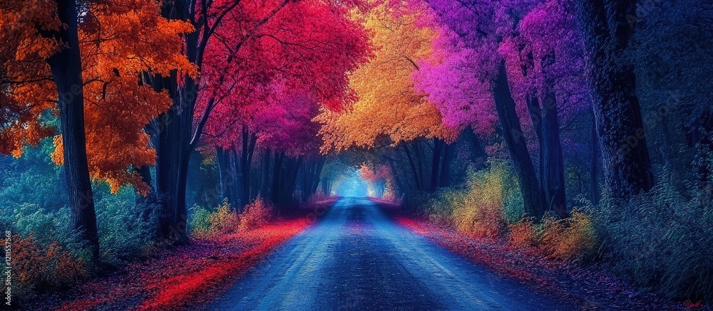Naklejka premium Vibrant autumn forest road featuring trees in shades of red, orange, and purple, creating a stunning contrast against a dark blue backdrop.