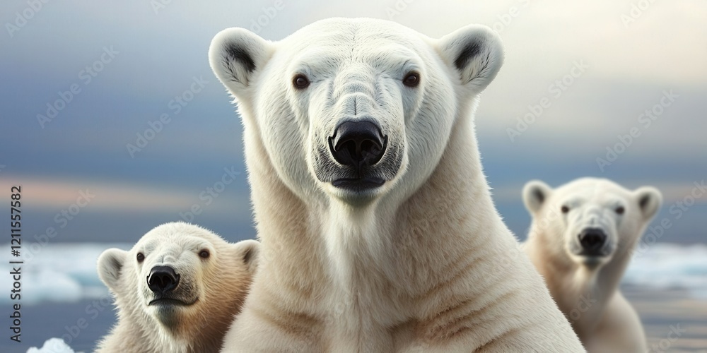 Fototapeta premium World Wildlife Day banner concept with wild animals. Three polar bears on an icy landscape under a cloudy sky