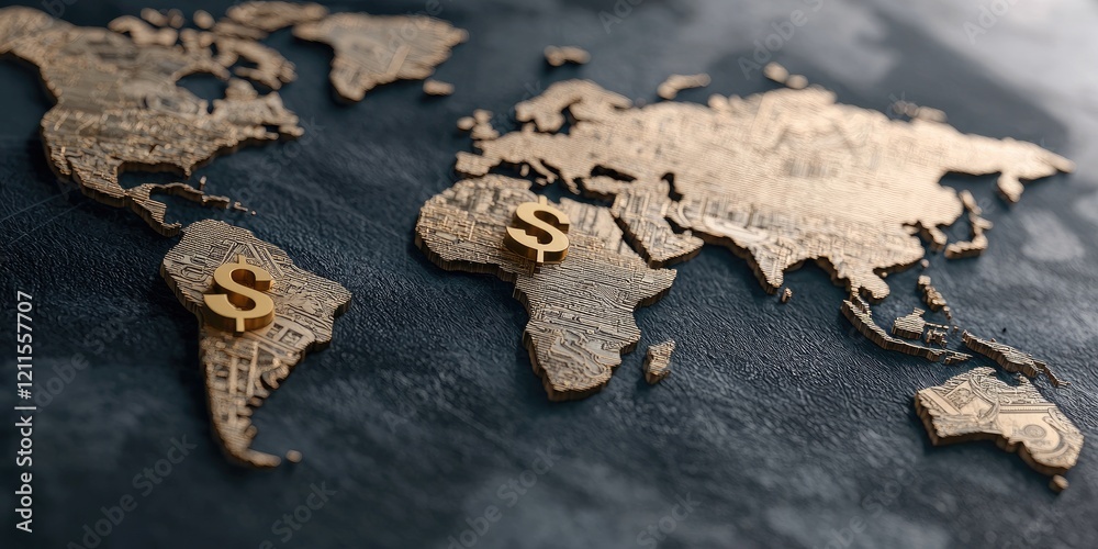 A stylized world map features monetary symbols, emphasizing global finance and economic connections across continents. A stylized world map features monetary symbols, emphasizing global finance and economic connections across continents.