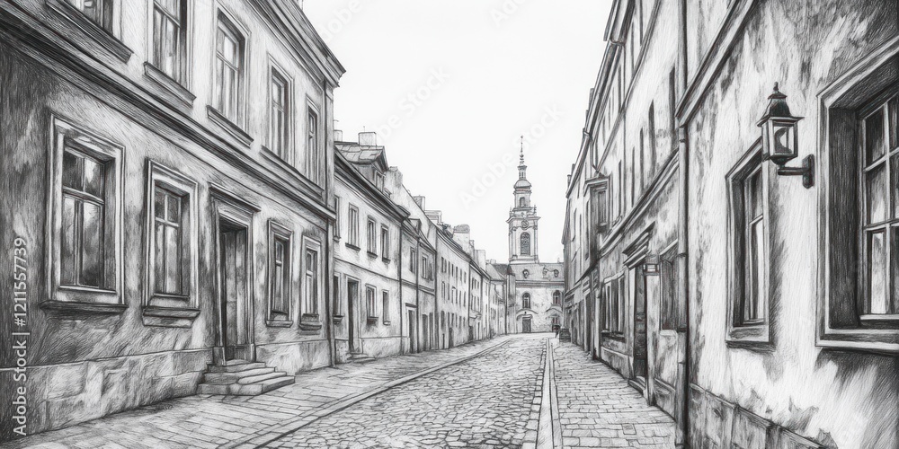 Fototapeta premium Old European Street Scene With Church Tower
