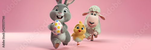 A 3D representation of a playful easter poster for kids and an egg hunt festival featuring rabbit, sheep, and a yellow chick