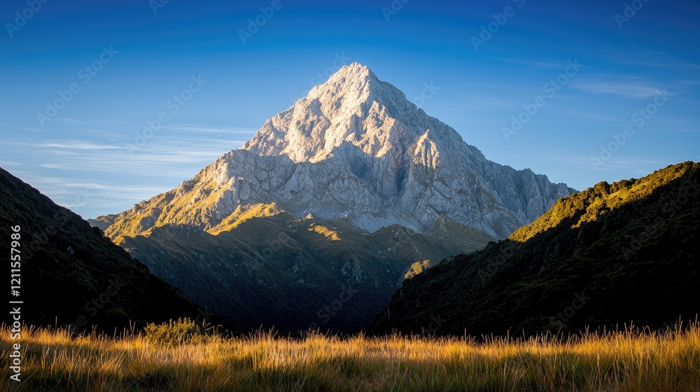 Majestic mountain peak at sunset, valley view, travel poster Majestic mountain peak at sunset, valley view, travel poster
