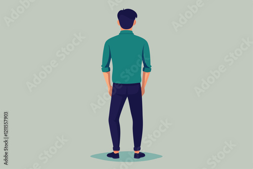 A man is seen standing alone, facing away, in a minimalist and modern setting, conveying a sense of calm solitude, Isolated Element, Man Standing Backwards, Full length Person