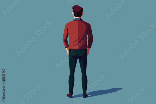 The man stands with hands in pockets, gazing away, showcasing a contemplative moment in a minimalist setting, Isolated Element, Man Standing Backwards, Full length Person