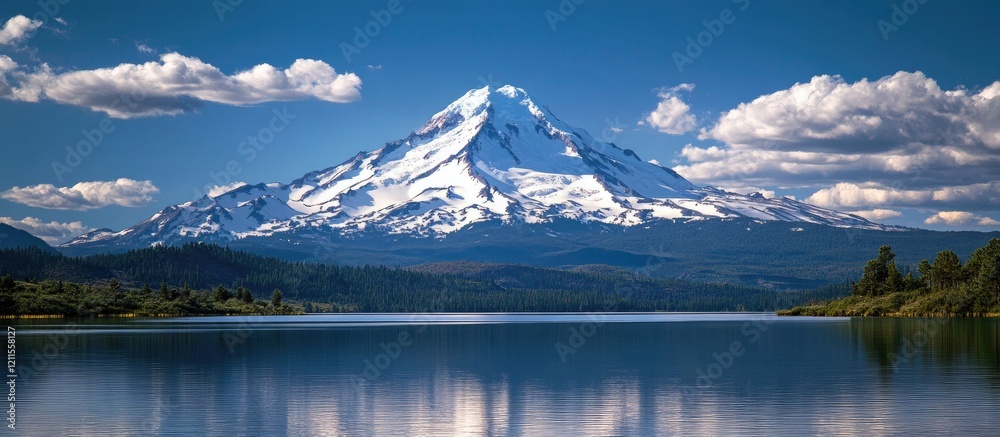 Majestic snow-covered mountain peak with serene blue lake in foreground under clear blue sky and fluffy white clouds enhancing natural beauty Majestic snow-covered mountain peak with serene blue lake in foreground under clear blue sky and fluffy white clouds enhancing natural beauty