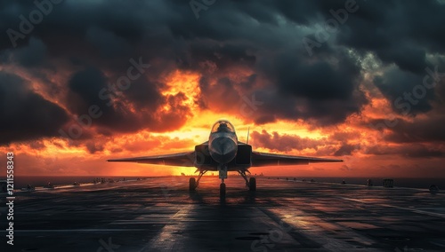 Fighter jet on aircraft carrier at sunset. (1) photo