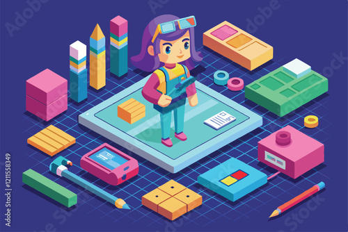 A female character stands on a blueprint with colorful construction elements and tools around her, ready to create, Isometric constructor to create a female character,