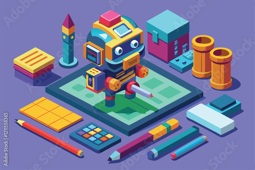 A colorful robot character is being crafted with design tools like pencils, a calculator, and paper on a bright surface, Isometric constructor to create character,