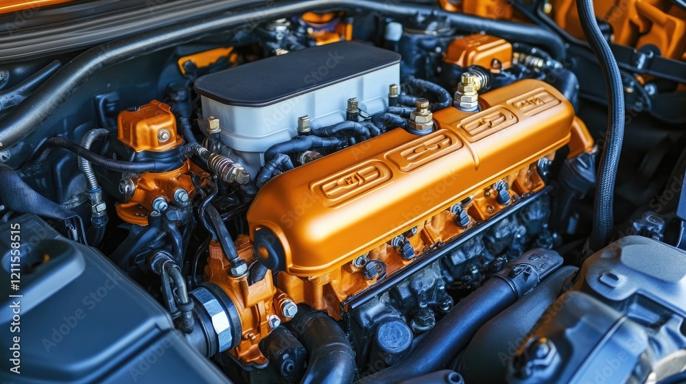 Fototapeta premium Close-up of a vibrant orange car engine interior