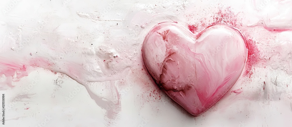 Fototapeta premium Soft pink heart positioned centrally on a pristine white background with subtle red streaks, symbolizing love in a minimalistic design.