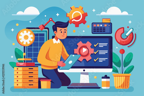 A technician analyzes and resolves computer issues while surrounded by colorful workspace elements, IT service fixes computer errors