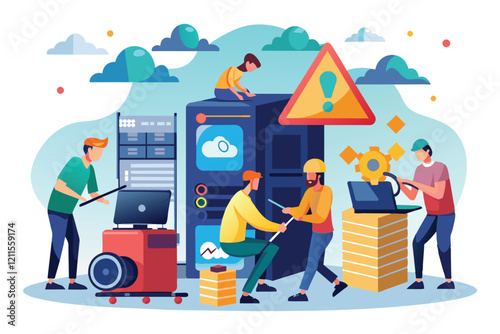 Skilled technicians are repairing IT equipment in an organized workspace, tackling various issues, IT service is repairing storage