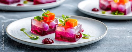 Plant based food idea. Colorful gelatin dessert cubes garnished with fresh herbs and vibrant fruit. photo