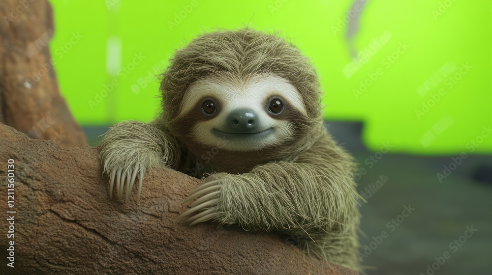 Fototapeta premium Adorable baby sloth clinging to a branch with a bright green background