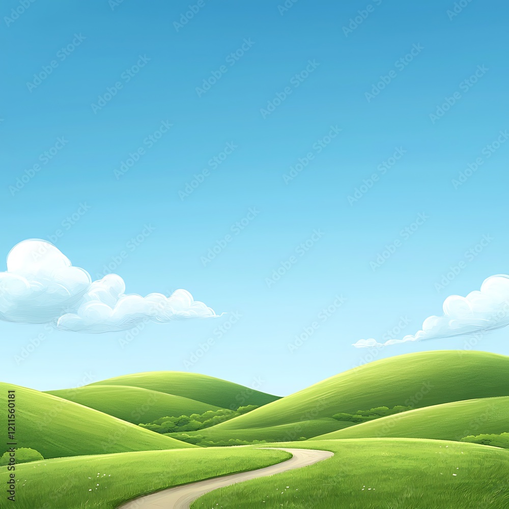 Obraz premium A beautiful hiking trail winds through lush green hills under a vibrant blue sky, offering a serene escape into nature and a perfect outdoor adventure.