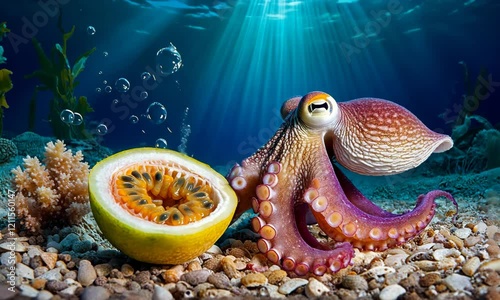 Underwater Octopus Eating Passion Fruit