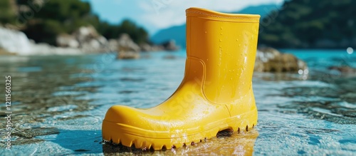 Vibrant yellow rubber boot standing prominently on clear water surface with rocky background reflecting adventure and nature connection. photo