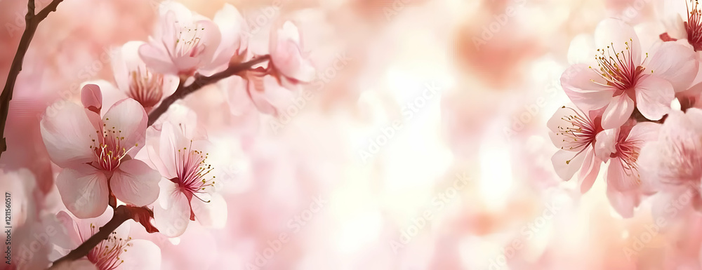 Pink blossoms, spring branch, soft bokeh, website banner Pink blossoms, spring branch, soft bokeh, website banner