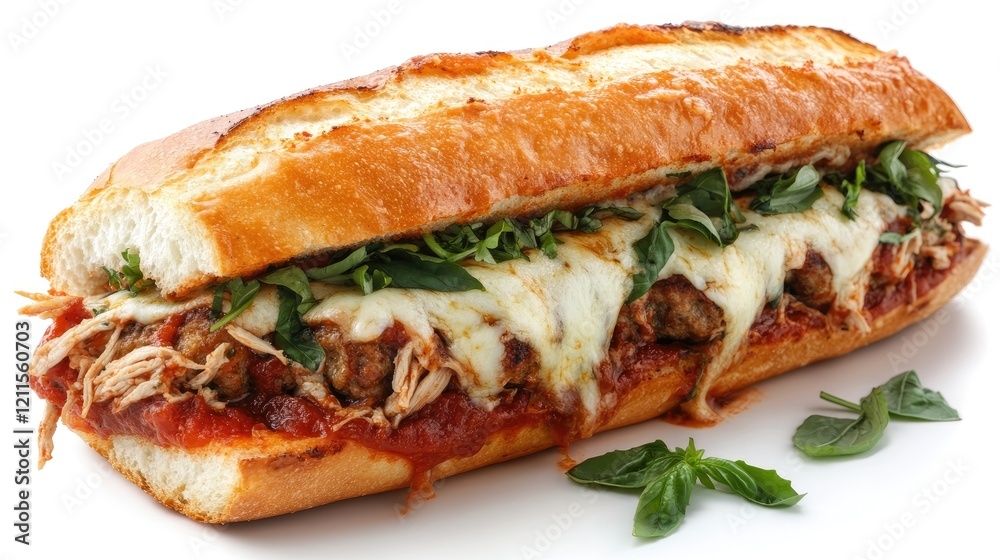 Delicious meatball sub with melted cheese and fresh basil Delicious meatball sub with melted cheese and fresh basil