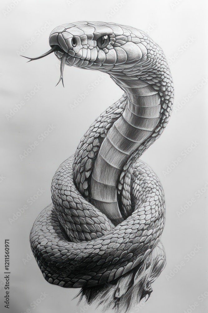 Fototapeta premium Detailed pencil sketch of a coiled cobra.