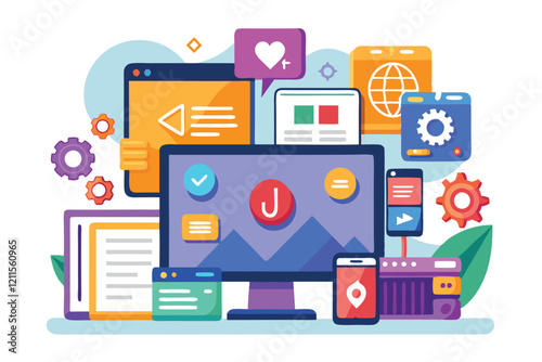 Custom flat illustration of JavaScript frameworks on diverse screens, framed by design elements, Javascript frameworks Customizable Flat Illustration