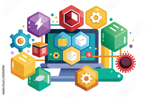 The display showcases vibrant icons symbolizing customizable JavaScript frameworks and key tools for web development, Javascript frameworks Customizable Semi Flat Illustration