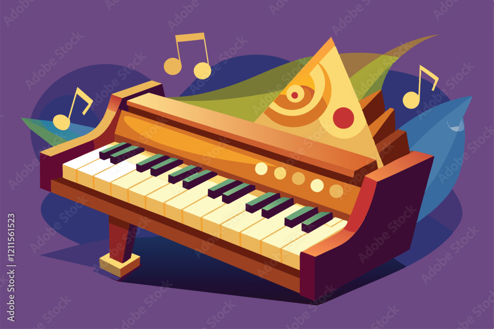 A colorful cartoon piano captures the essence of jazz with musical notes dancing around its design, Jazz piano Customizable Cartoon Illustration