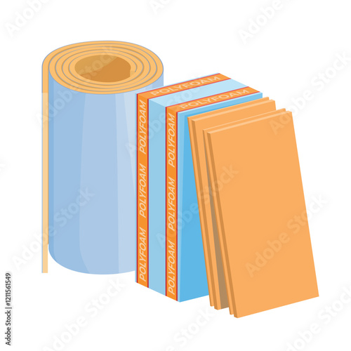 Illustration of insulation materials including foam rolls and panels for construction projects