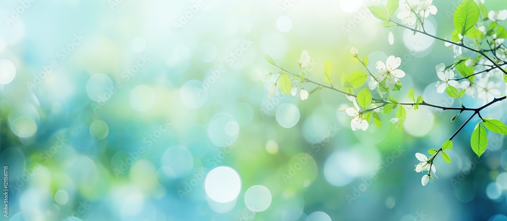 Obraz premium Bright green and blue bokeh abstract background with soft floral accents and blurred light spots creating a serene spring atmosphere