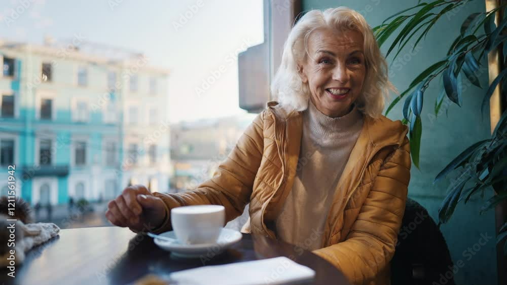 Happy self-confident senior woman enjoying hot coffee and merry talk in cafe. Active lifestyle in retirement, aging of people and happiness, natural female beauty, moments of life, meeting in cafe
